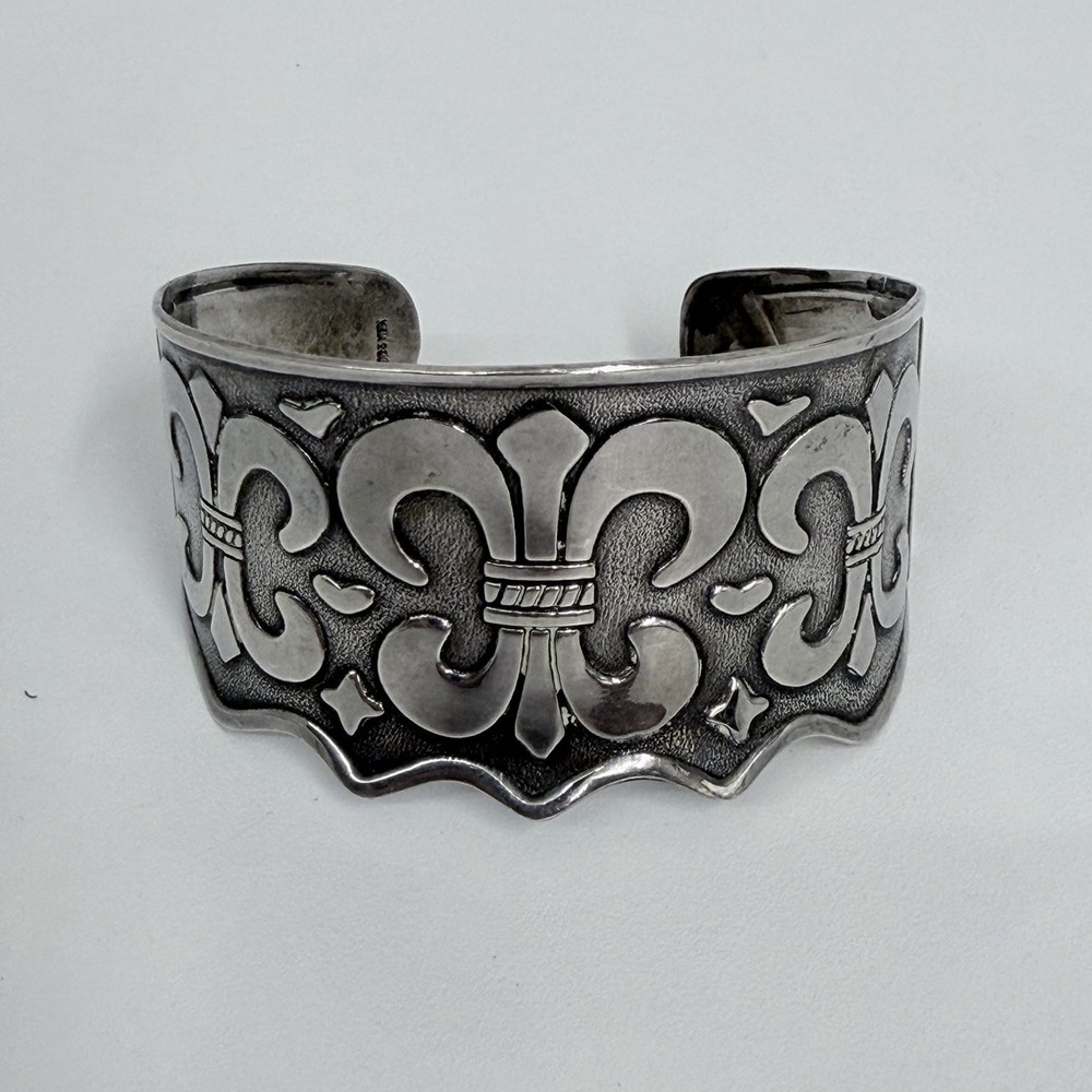 Sterling Mexican Fleur de Lis Cuff Bracelet Wide VERY Cool Art to Wear 43 Grams - Picture 5 of 13